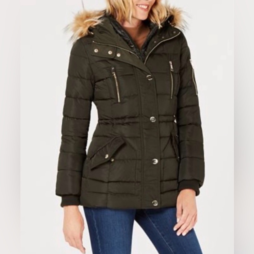 Guess Black Quilted Puffer Jacket with Logo Panel